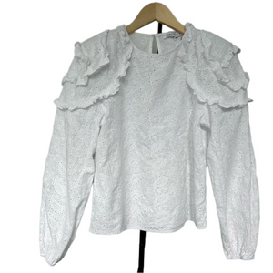 Endless rose Ruffle trimmed Puff sleeved Lace embroidered top blouse medium